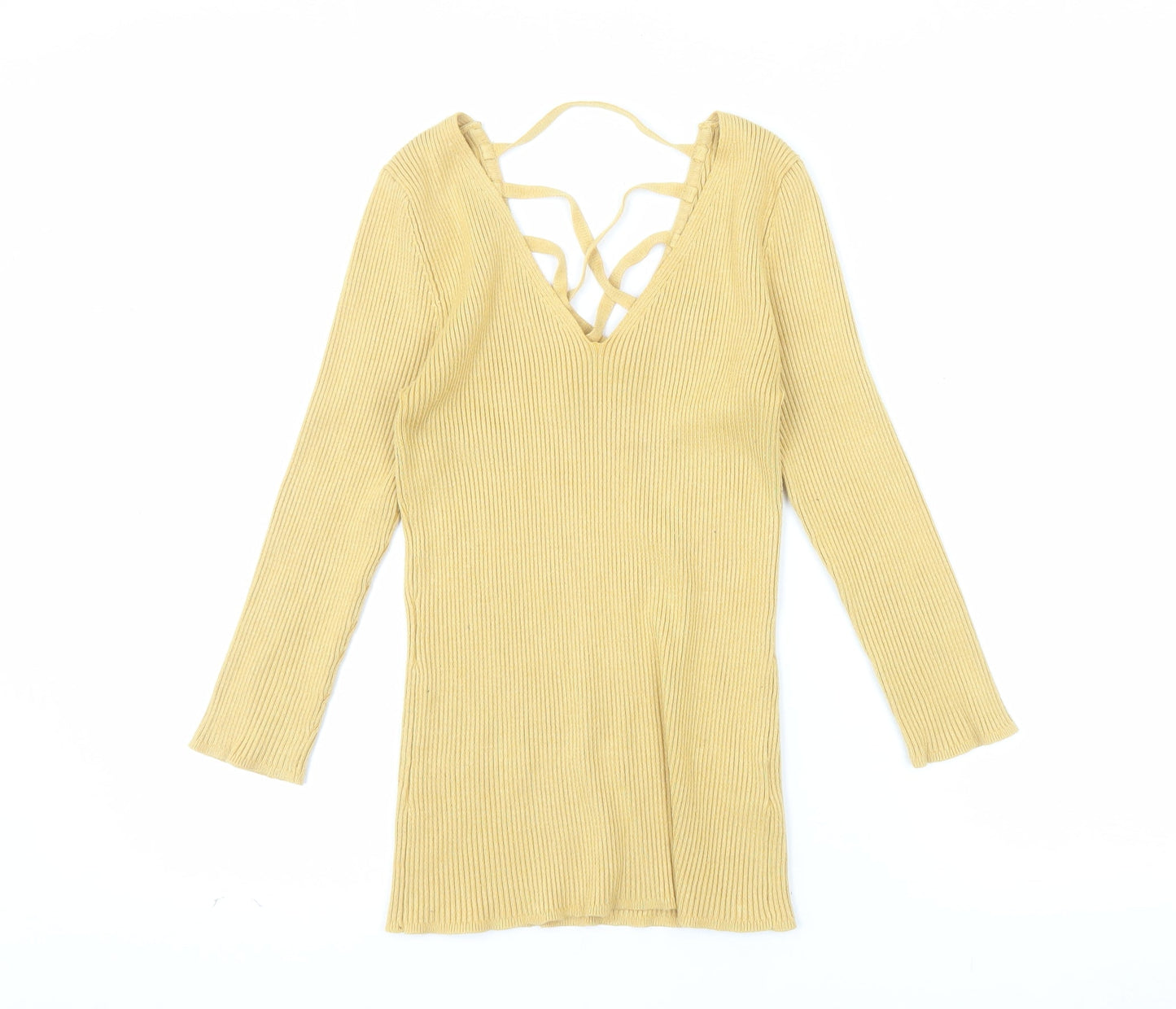 Le Château Women's Yellow Ribbed Knit V-Neck Strappy Long Sleeve Blouse Size S