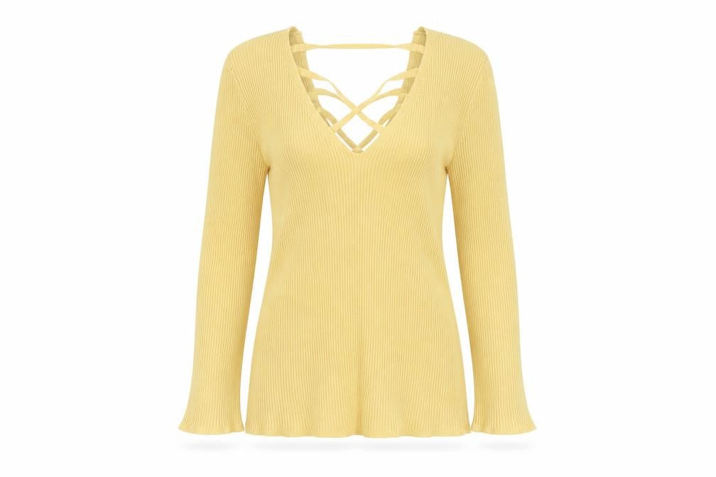 Le Château Women's Yellow Ribbed Knit V-Neck Strappy Long Sleeve Blouse Size S