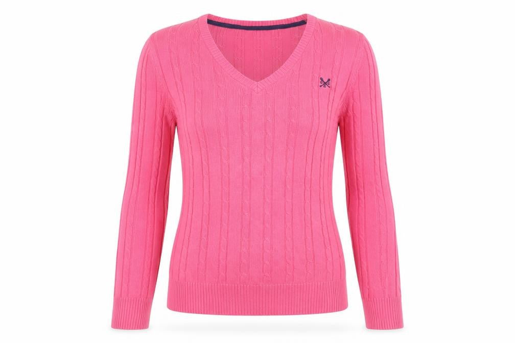 Crew Clothing Co Women Pink Cable-Knit V-Neck Jumper Size 8 Cotton