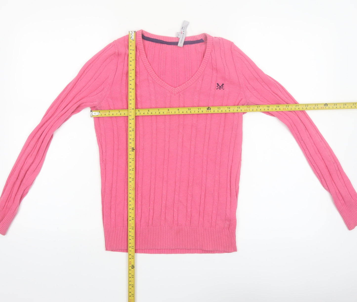 Crew Clothing Co Women Pink Cable-Knit V-Neck Jumper Size 8 Cotton