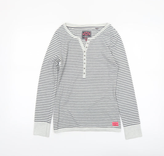 Superdry Women White Striped Henley Long Sleeve Jersey Top S
