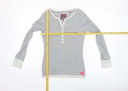 Superdry Women White Striped Henley Long Sleeve Jersey Top S