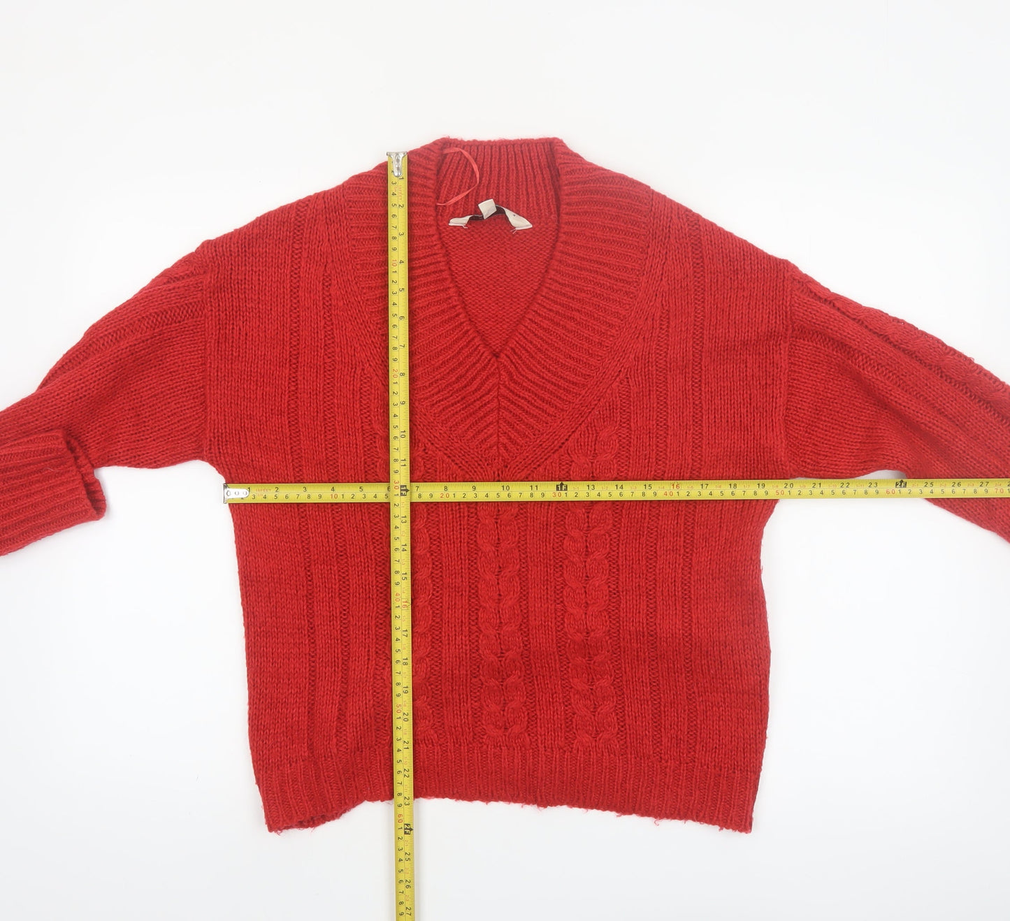 Amara Reya Women's Red Cable-Knit V-Neck Jumper Size 10