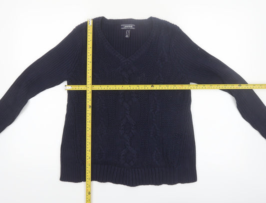 Lands' End Women's Blue Cable-Knit Cotton V-Neck Jumper XS