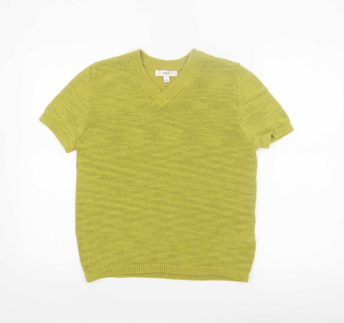 Marks and Spencer Women's Green V-Neck Cotton Blend Short Sleeve Knit T-Shirt Small