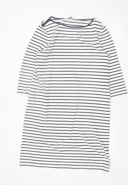 Jaeger Women’s White Navy Striped Shift Dress L 3/4 Sleeve Cotton