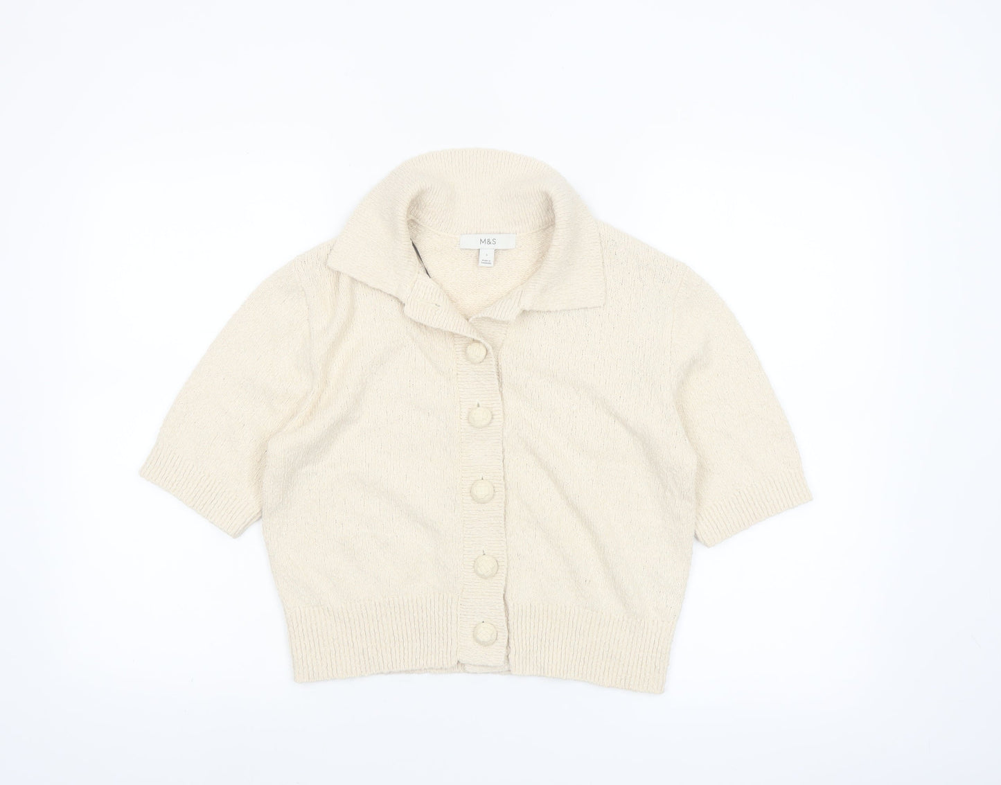 Marks and Spencer Women’s Beige Knit Short Sleeve Collared Button-Up Top Size S