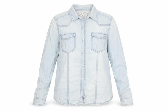 Front view of Denim Co women’s blue denim button-up shirt, size UK 12, classic western style