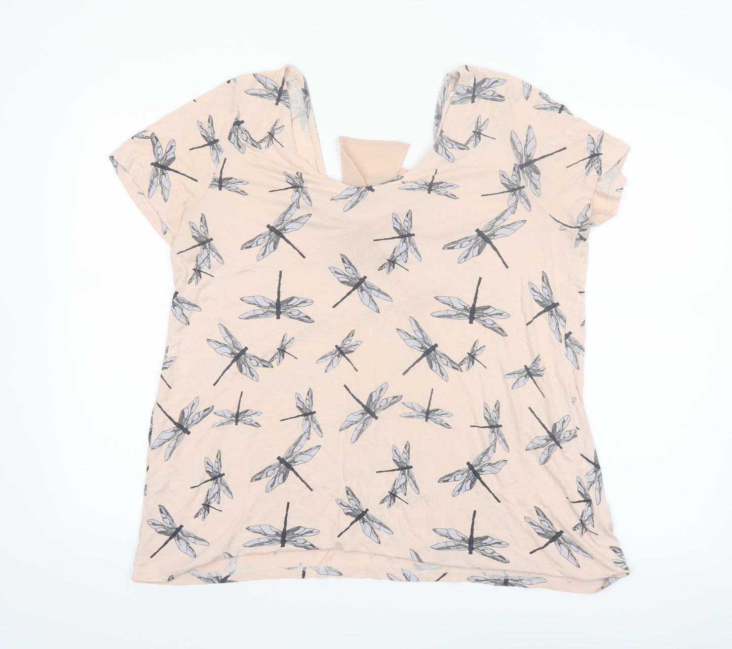 Next Women’s Beige Dragonfly Print Bow Back Viscose T-Shirt Size 16