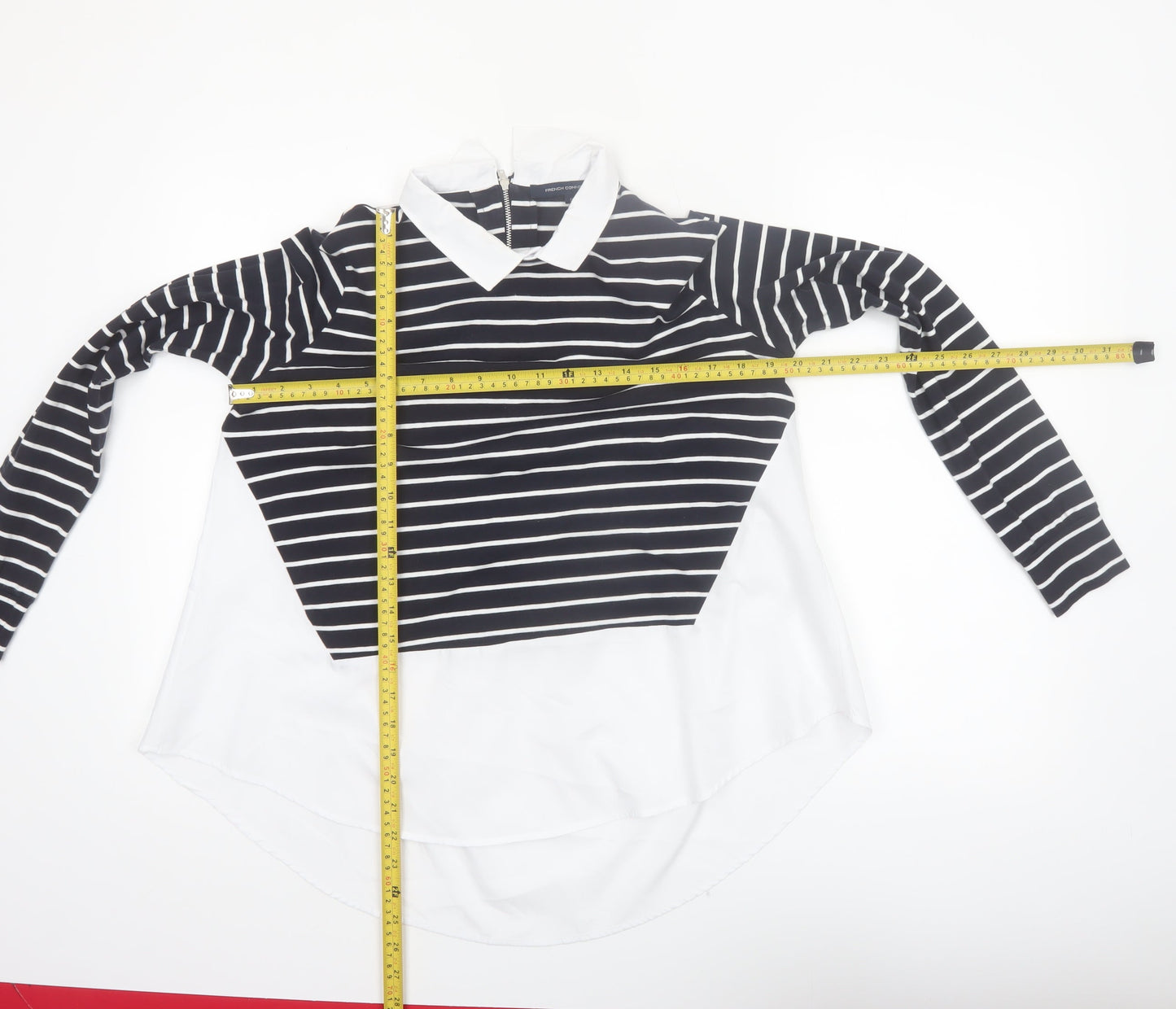 French Connection Women's Black Striped Collared Long Sleeve Blouse Size S