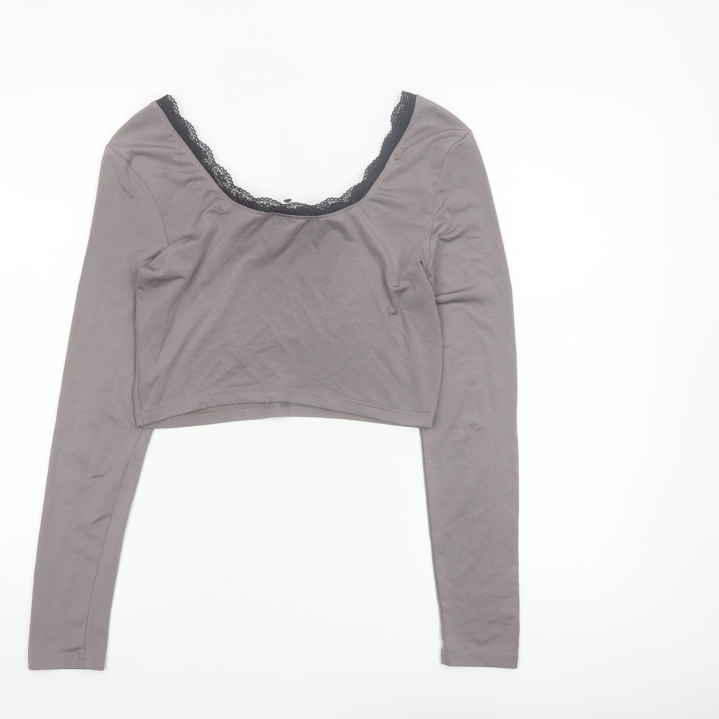Cider Women Grey Cropped Lace Scoop Neck Long Sleeve T-Shirt Size S