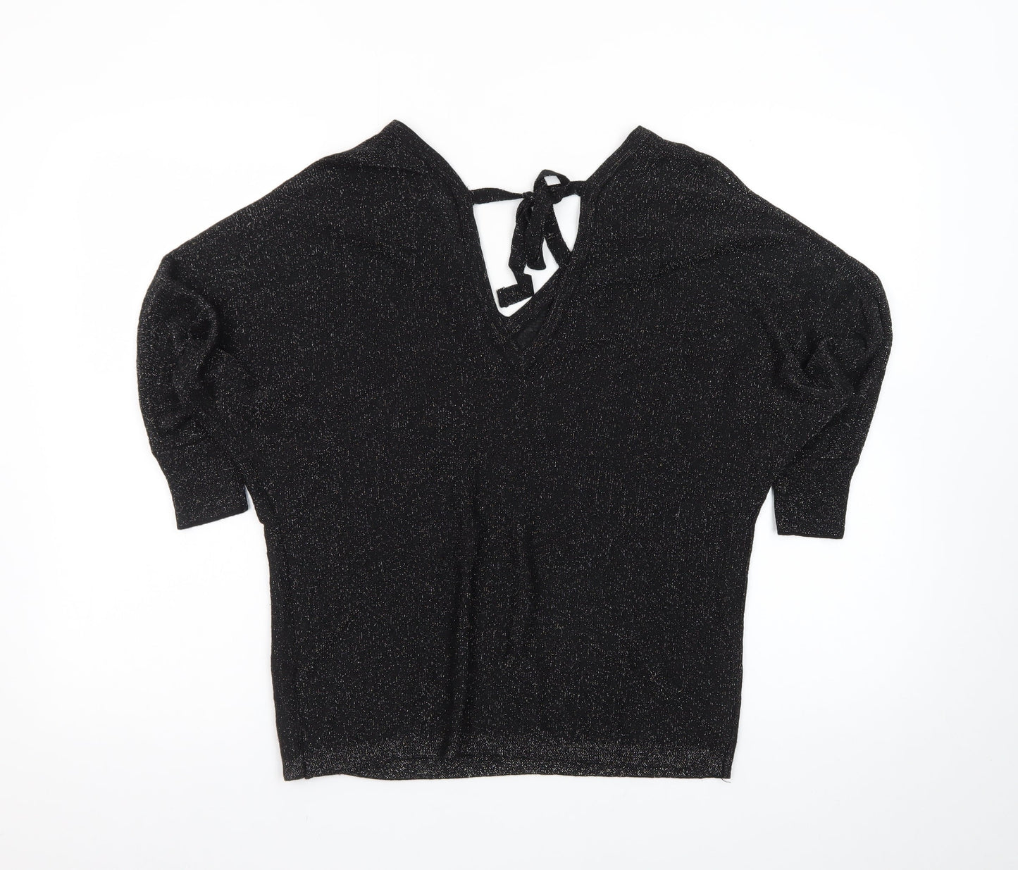 Next Women’s Black Glitter V-Neck Cropped Knit Blouse Size 12
