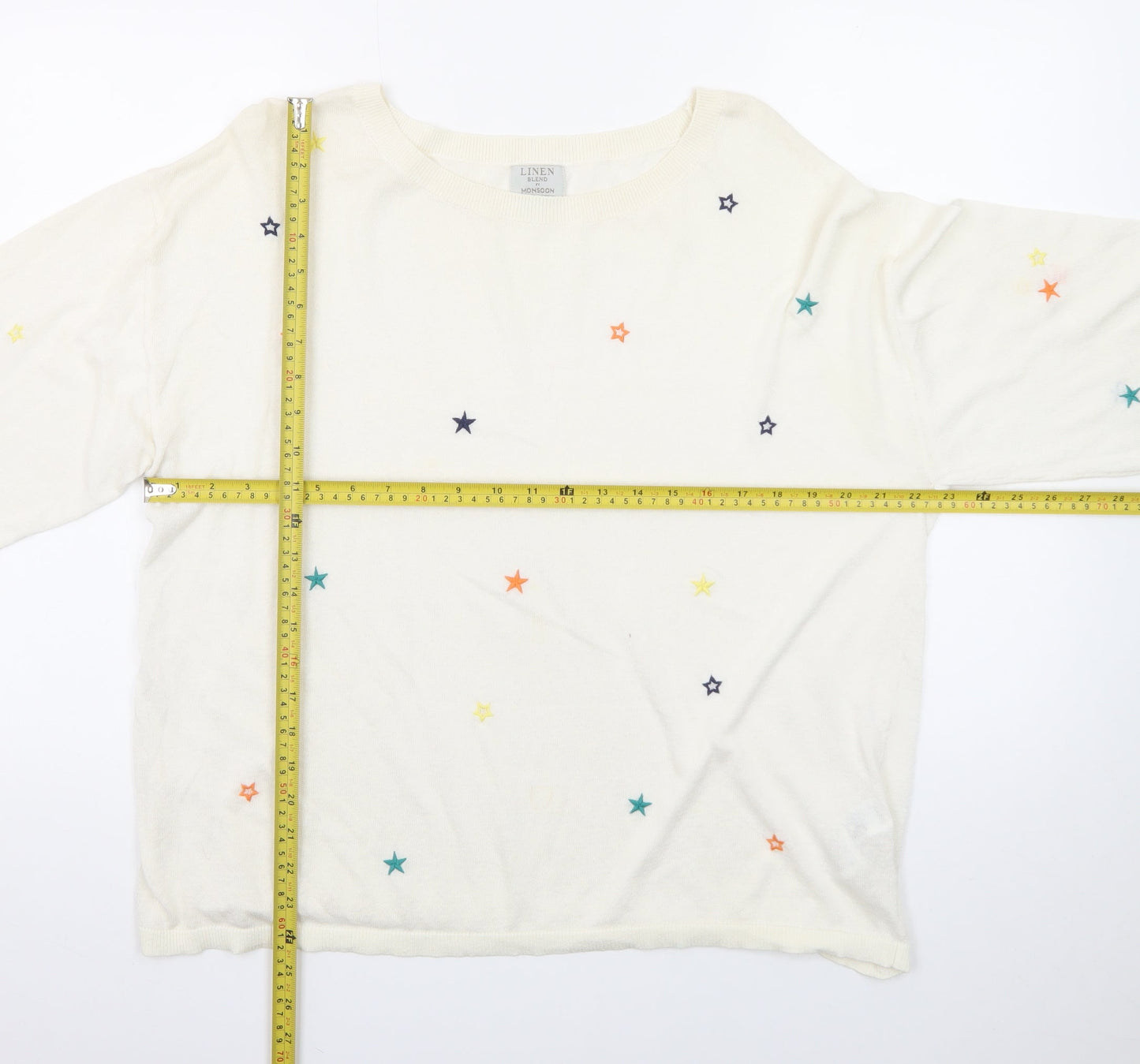 Monsoon Women Cream Linen Blend Star Embroidered Jumper L