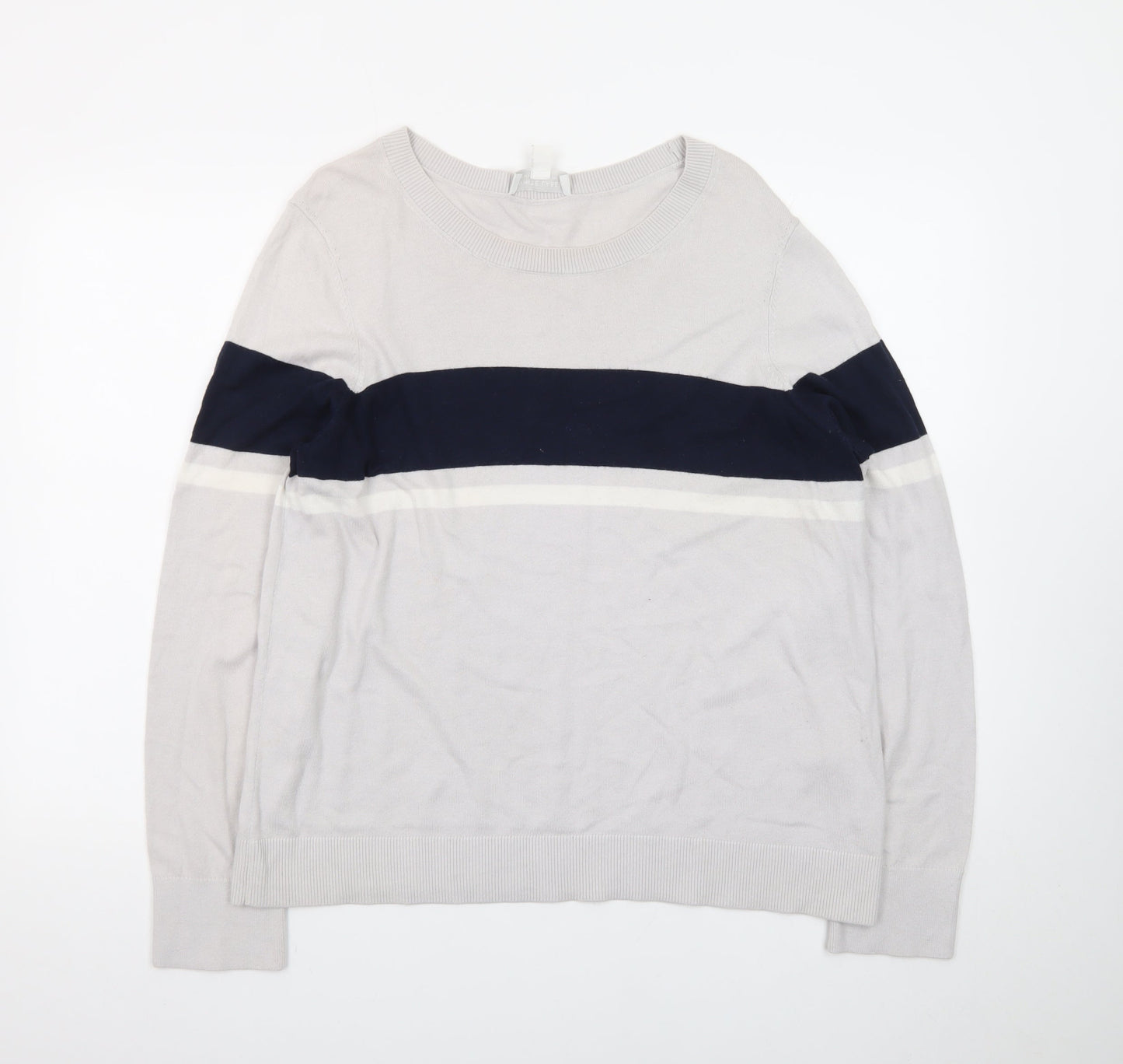 The White Company Women’s Grey & Navy Crew Neck Jumper Size 16 Cotton Blend