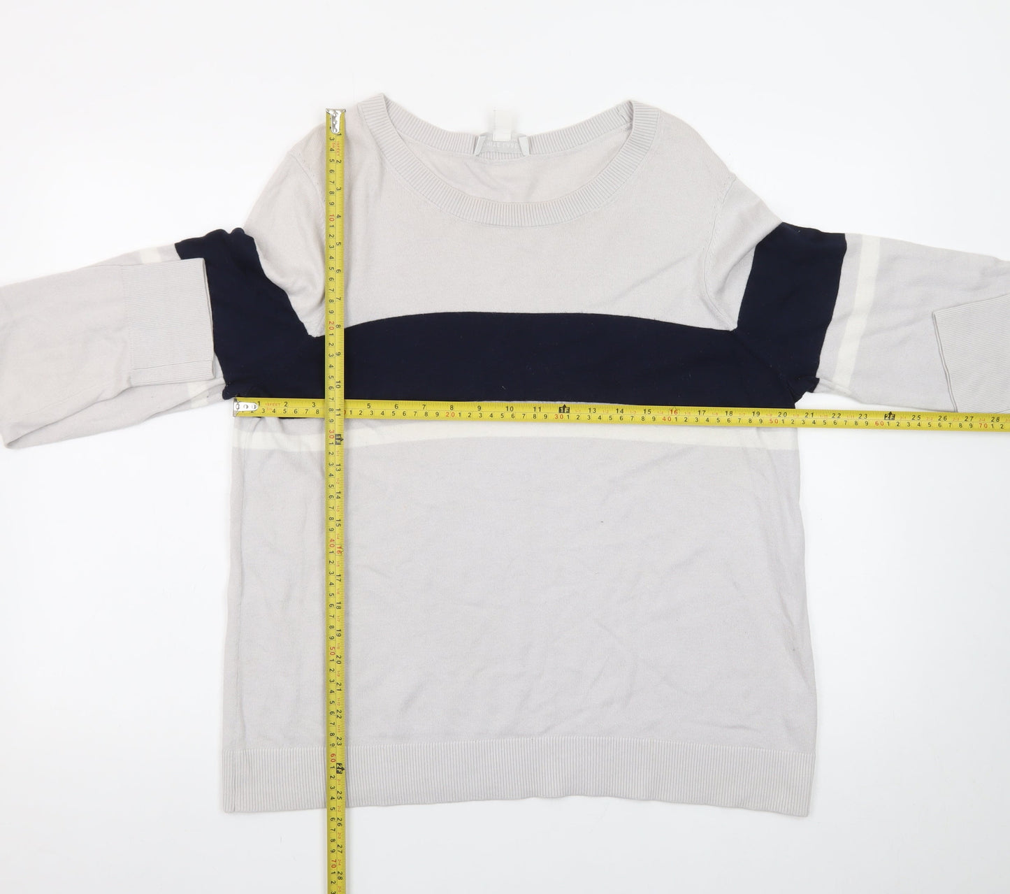 The White Company Women’s Grey & Navy Crew Neck Jumper Size 16 Cotton Blend