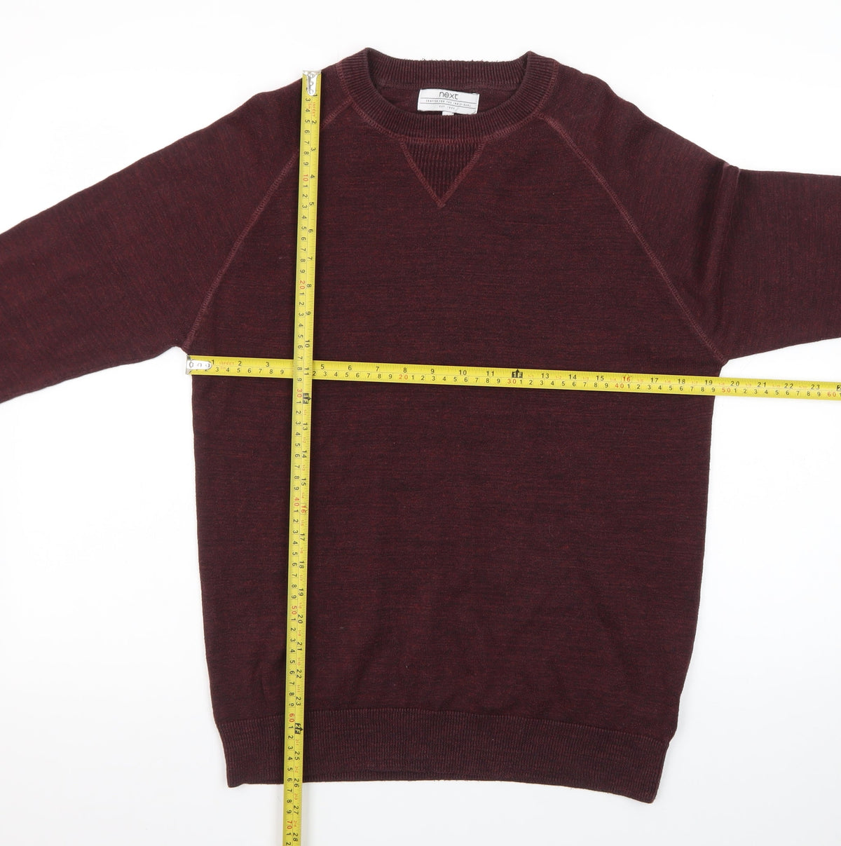 Close-up detail of Next Men's Brown Crew Neck Wool Jumper, size M, Regular Fit