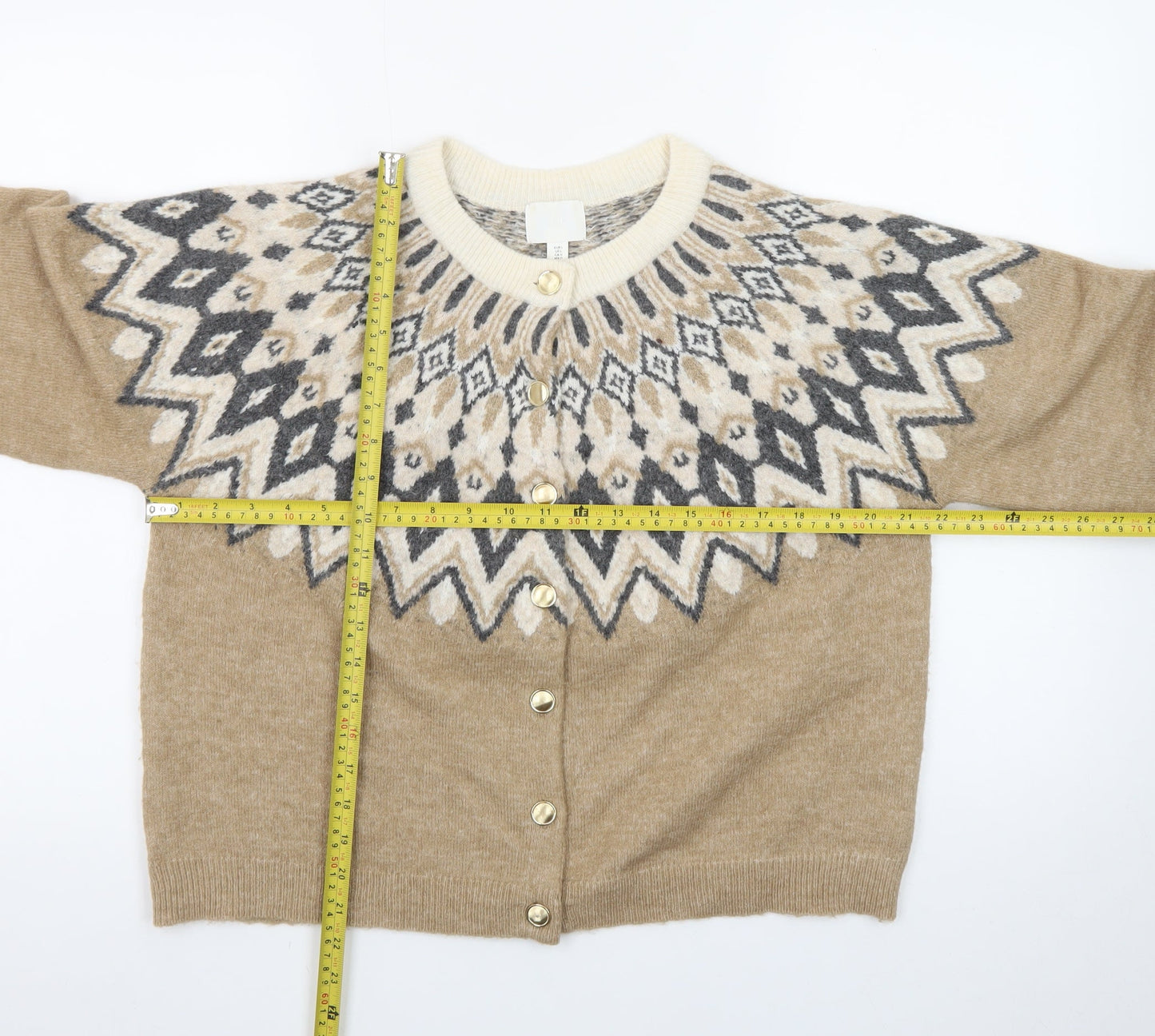 H&M Women Beige Geometric Knit Cardigan L Winter Wool Blend