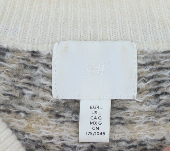 H&M Women Beige Geometric Knit Cardigan L Winter Wool Blend