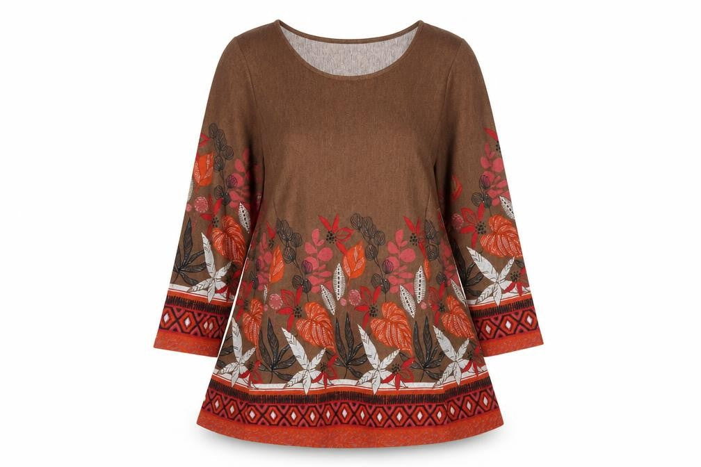 Klass Women Brown Floral A-Line Knit Dress L Long Sleeve Autumn