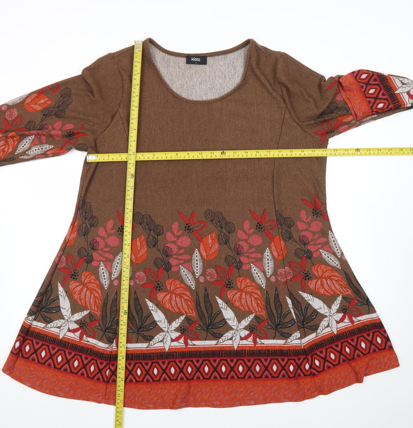 Klass Women Brown Floral A-Line Knit Dress L Long Sleeve Autumn