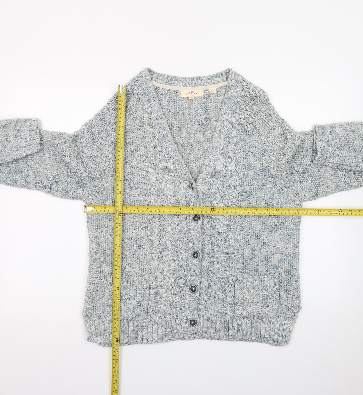 Fat Face Women Blue Cotton Cable-Knit Button Cardigan Size 14