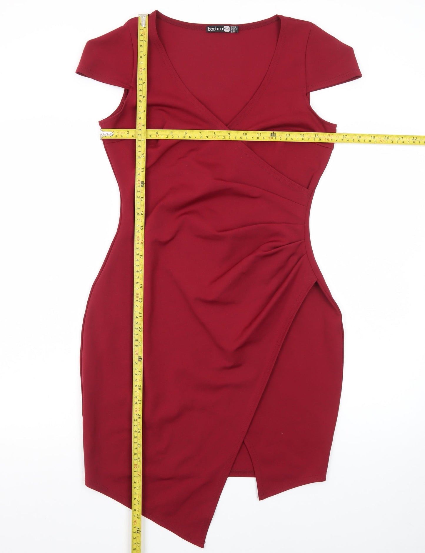 Boohoo Women Red Size 12 Bodycon Short Sleeve V-Neck Party Dress