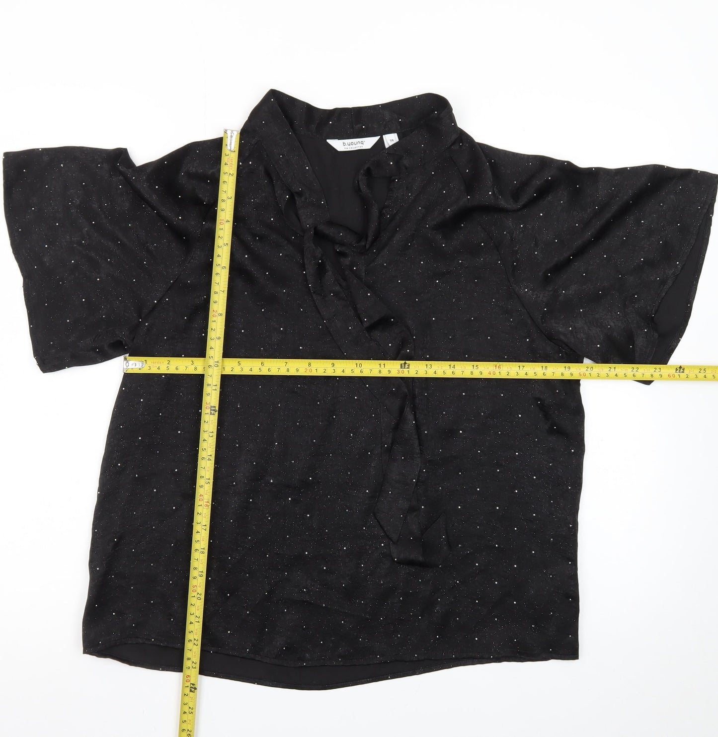 b.young Women’s Black Wrap Blouse Size 12 Short Sleeve Glitter