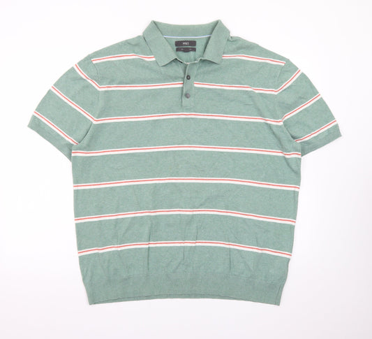 Marks and Spencer Men’s Green Striped Cotton Polo Shirt 2XL Regular Fit