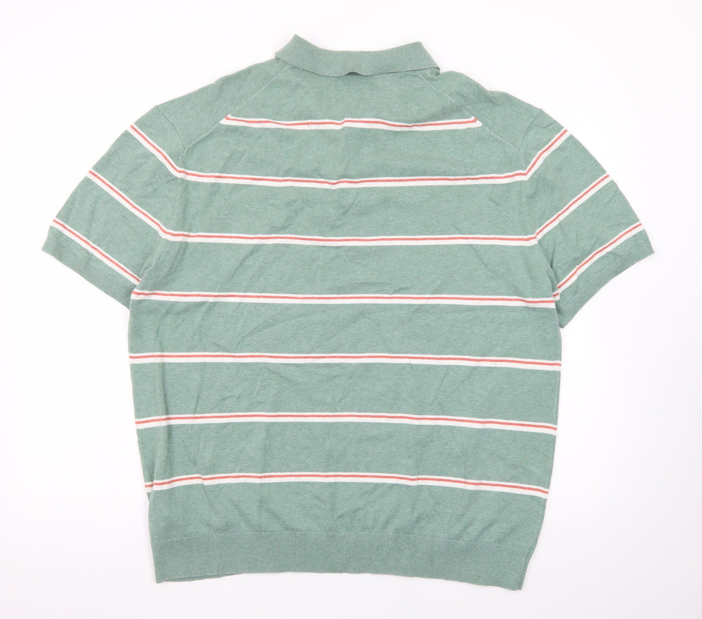 Marks and Spencer Men’s Green Striped Cotton Polo Shirt 2XL Regular Fit