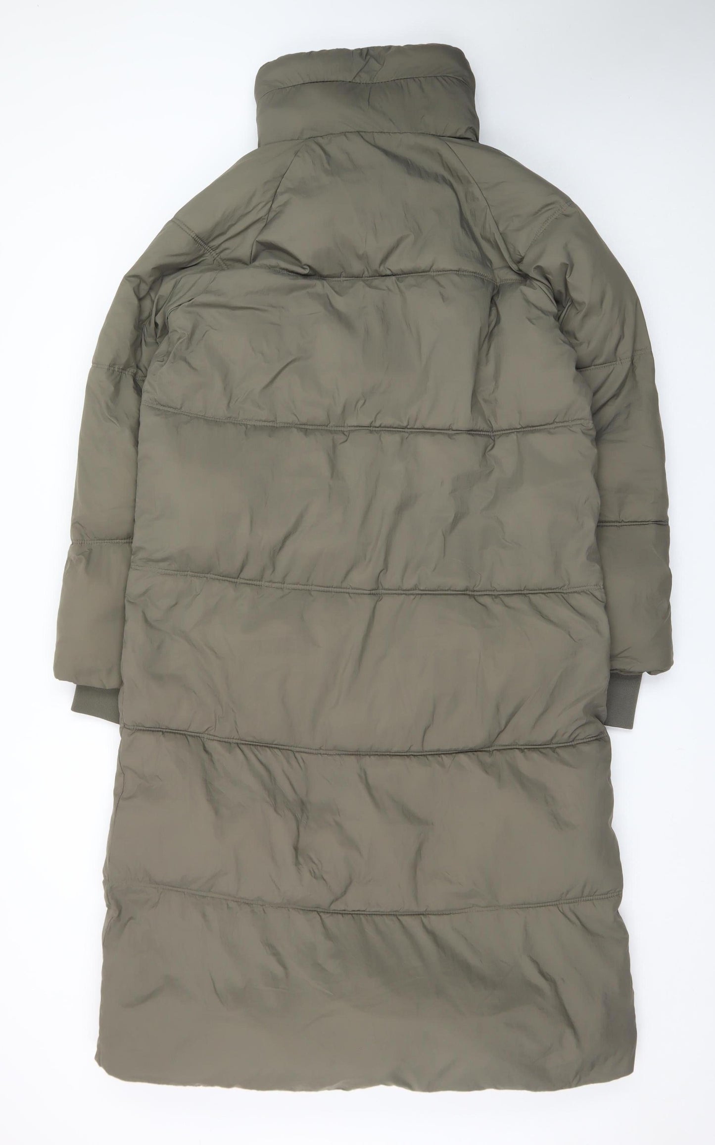 Zara Women’s Green Long Puffer Coat XS Quilted Winter Jacket