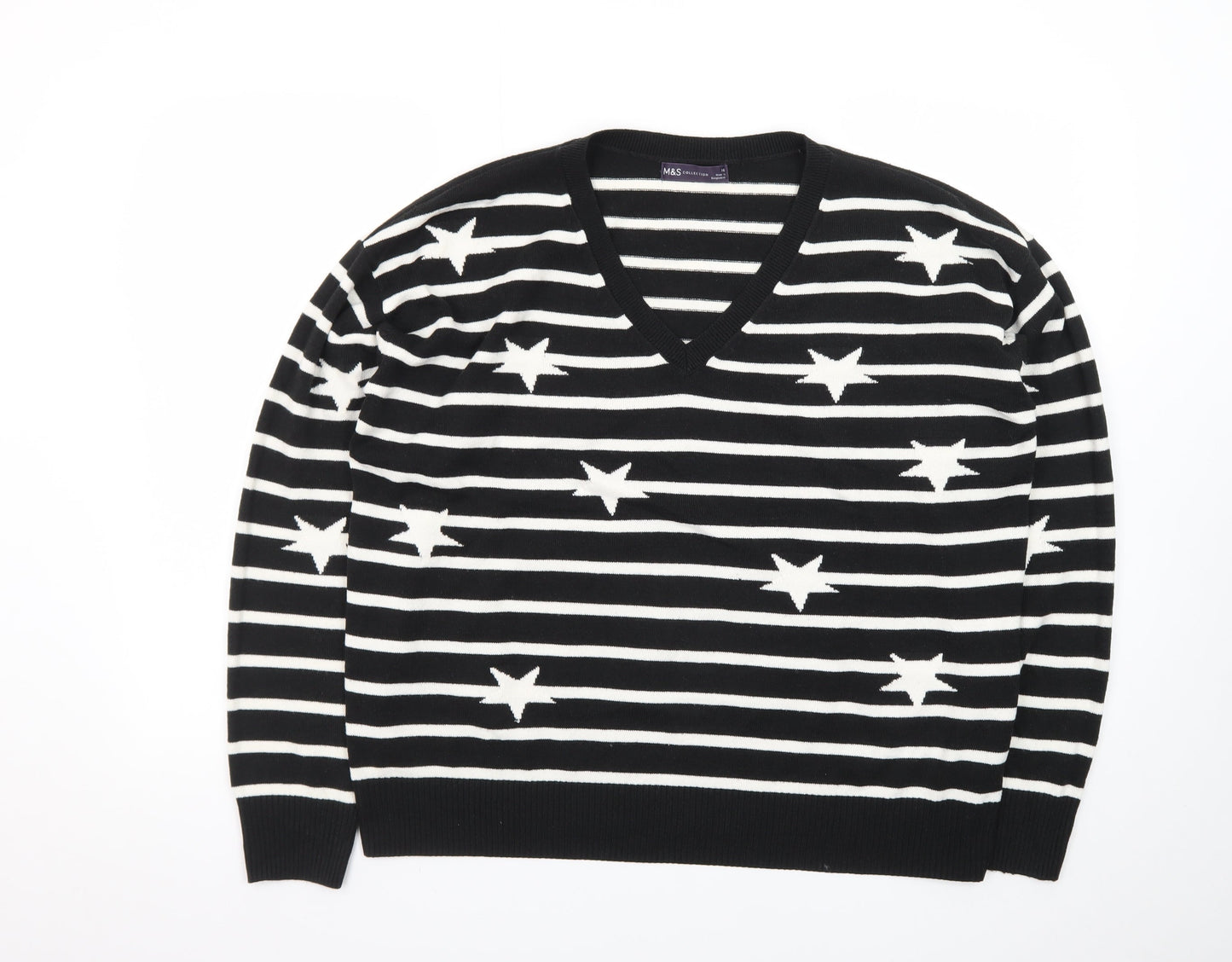 Marks and Spencer Women's Black V-Neck Star Stripe Jumper Size 16