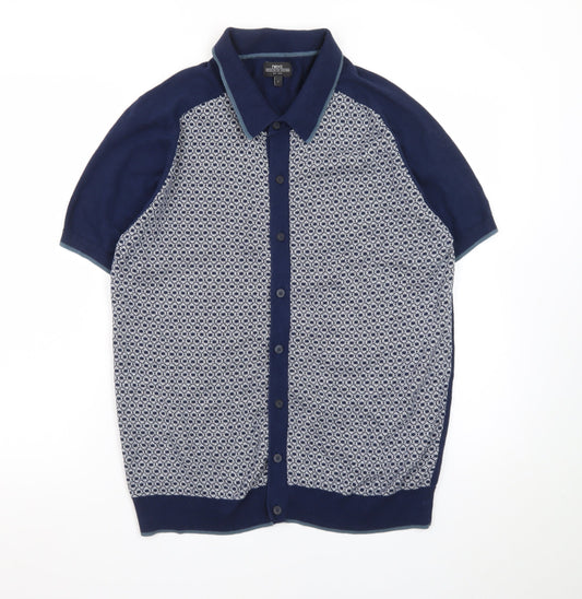 Next Men’s Blue Geometric Cotton Knit Polo Shirt Size L