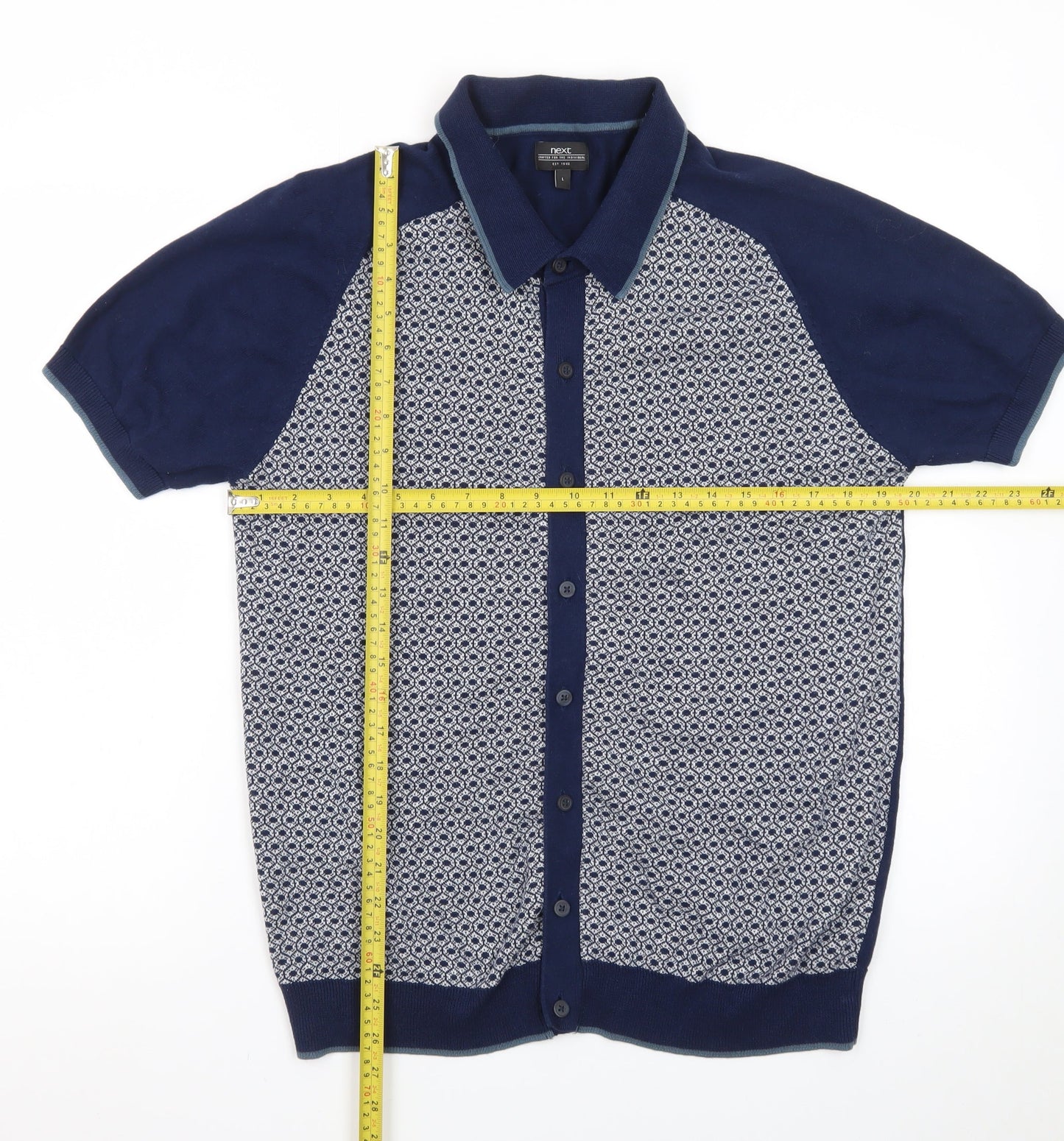 Next Men’s Blue Geometric Cotton Knit Polo Shirt Size L