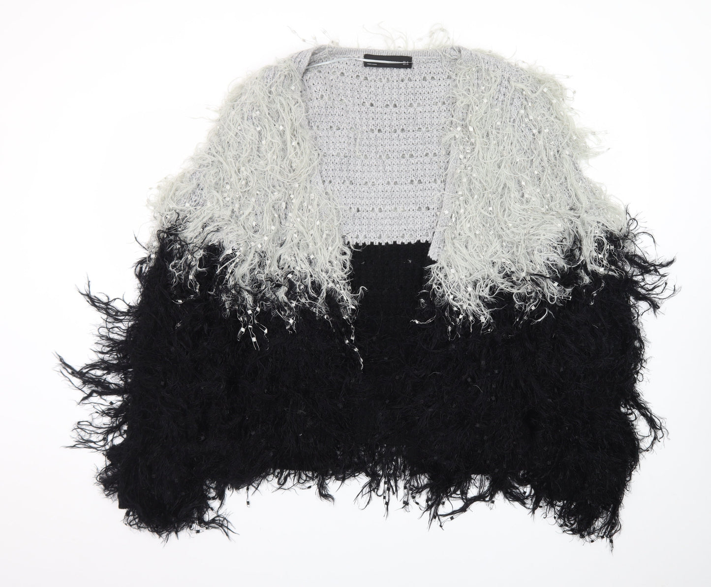 Zara Woman Black Grey Fluffy Open Knit Cardigan Women’s Size 12