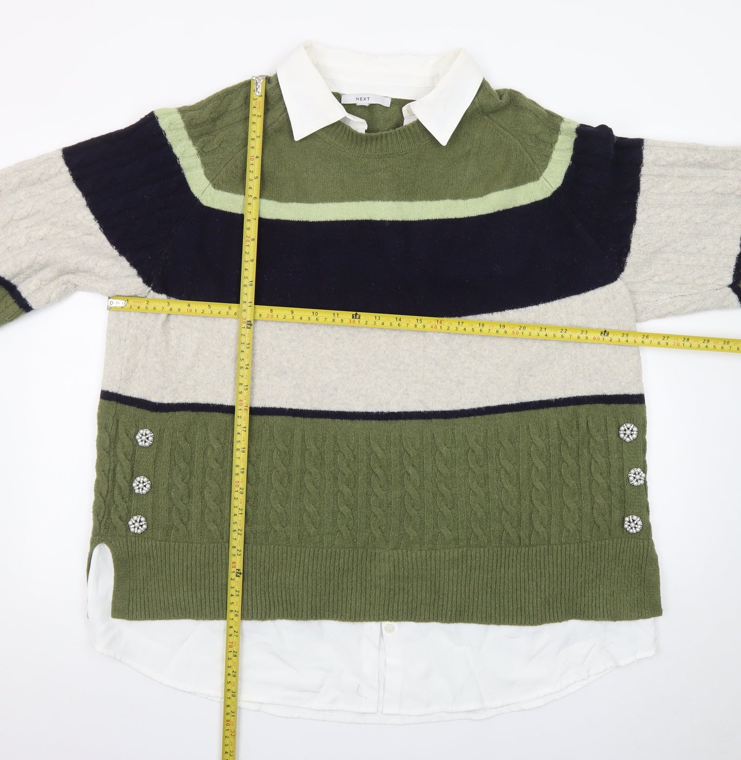 NEXT Womens Green Collared Striped Cable Knit Jumper XL