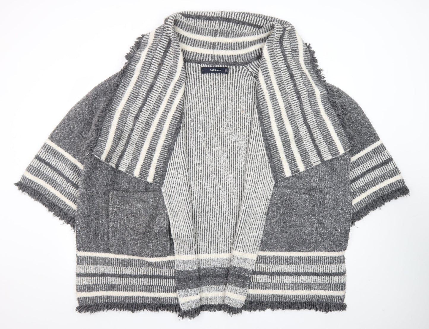 ZARA Women Grey Wool Blend Striped Knit Cardigan Size S