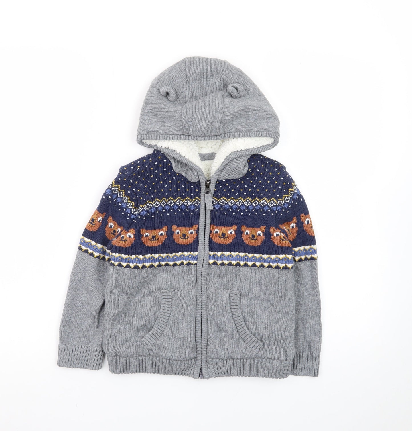 M&Co Boys Grey Full Zip Hooded Cardigan 4-5 Years Bear Fair Isle Knit