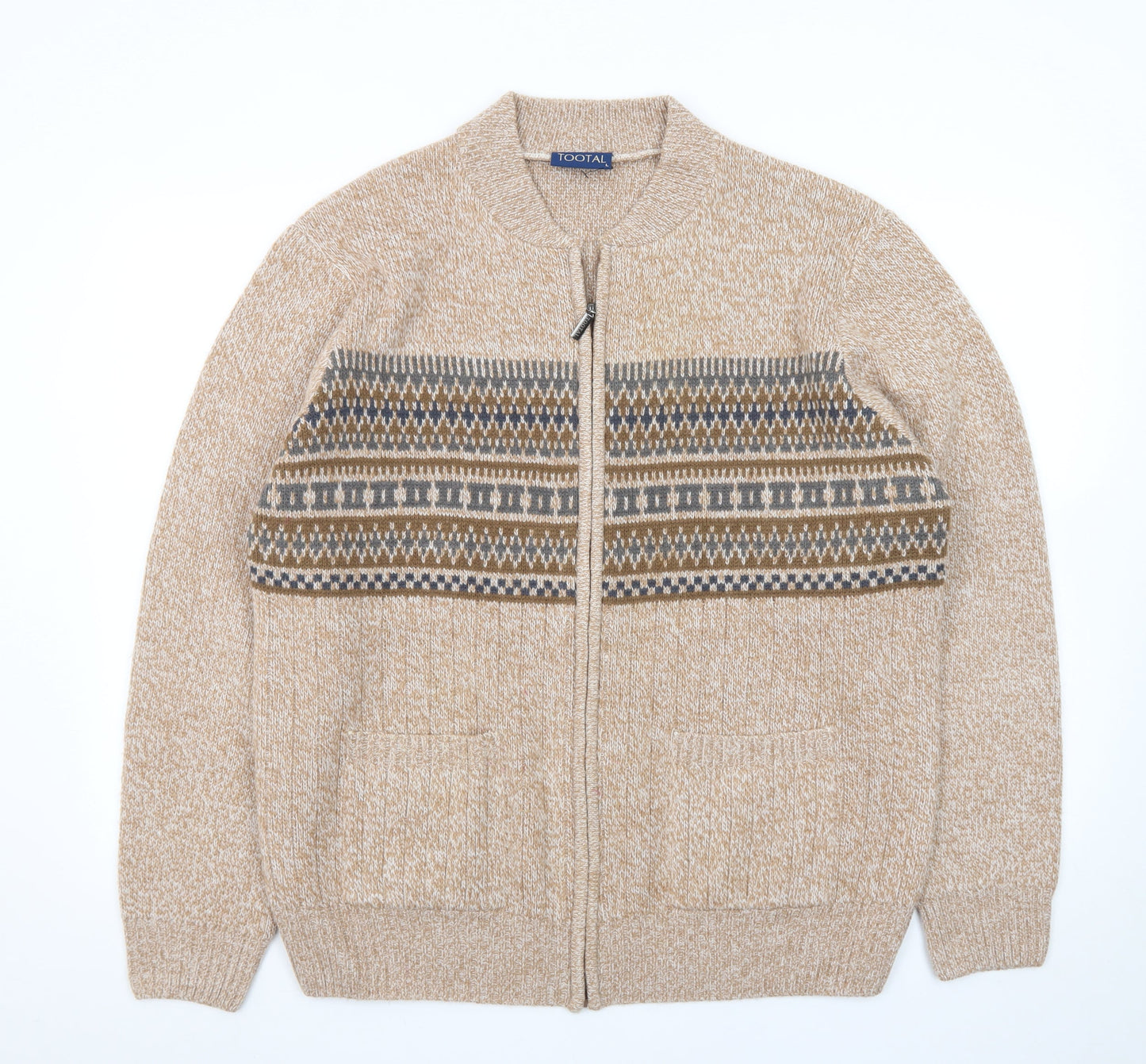 Tootal Men's Beige Fair Isle Wool Full Zip Cardigan Jumper L