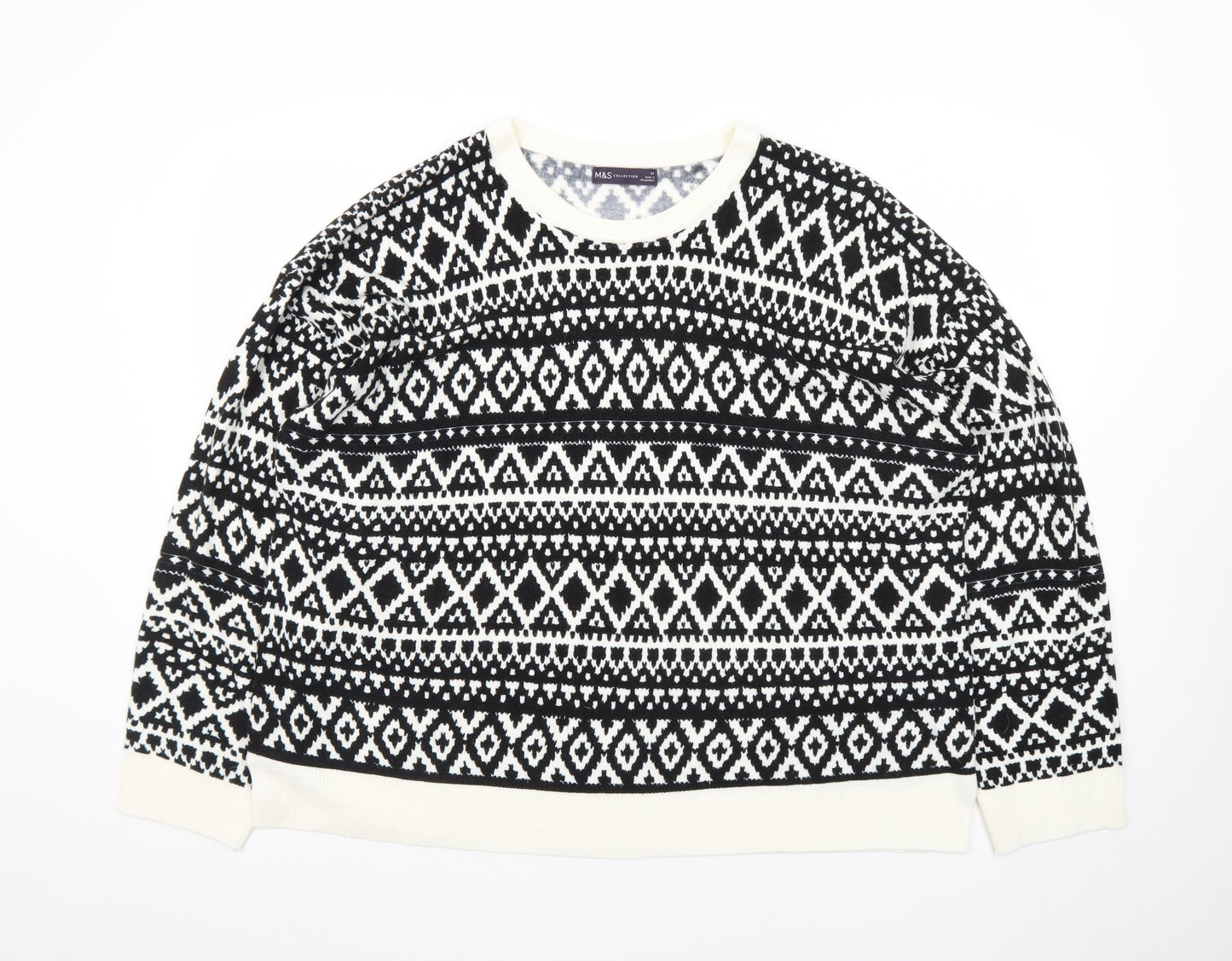 Marks and Spencer Women Black Fair Isle Long Sleeve Pullover Jumper Size 24