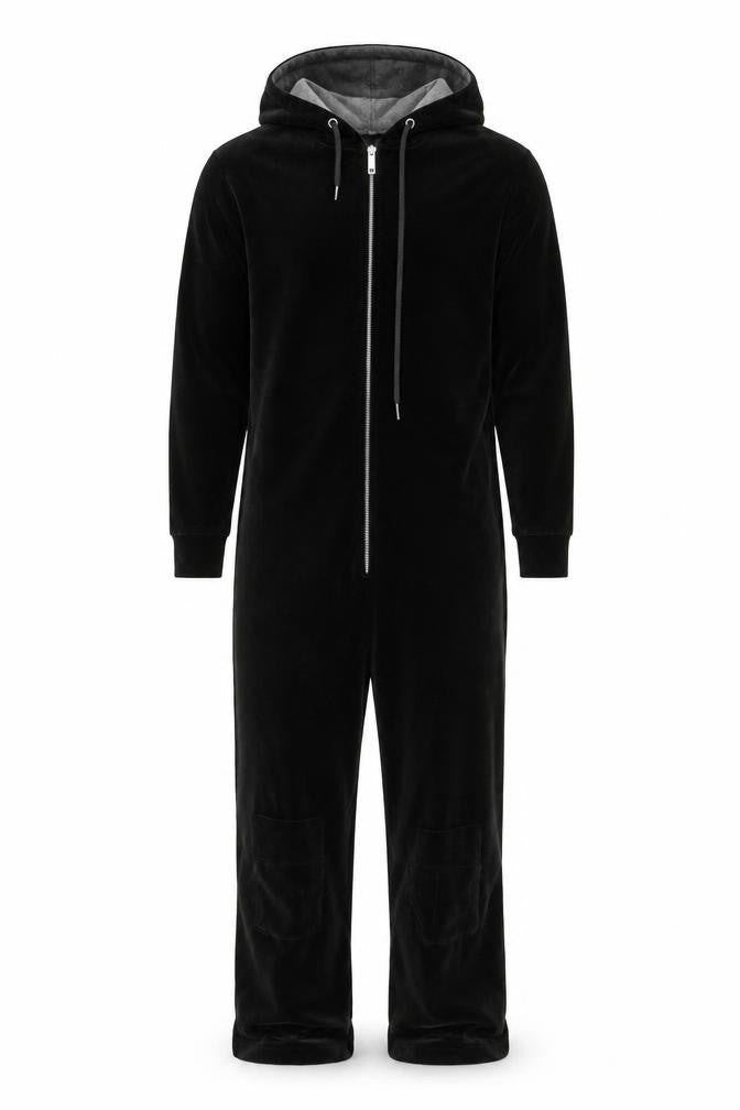 Front view of boohooMAN Men’s Black S Velour Zip Hoodie Jumpsuit Lounge Trousers