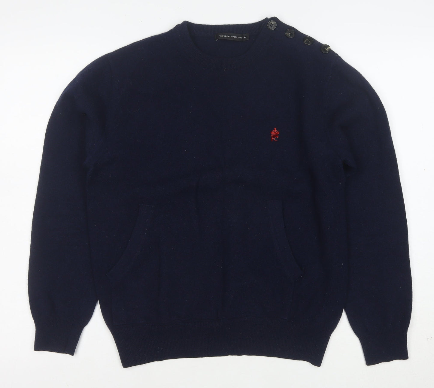 French Connection Women's Blue Wool Crew Neck Button Jumper M