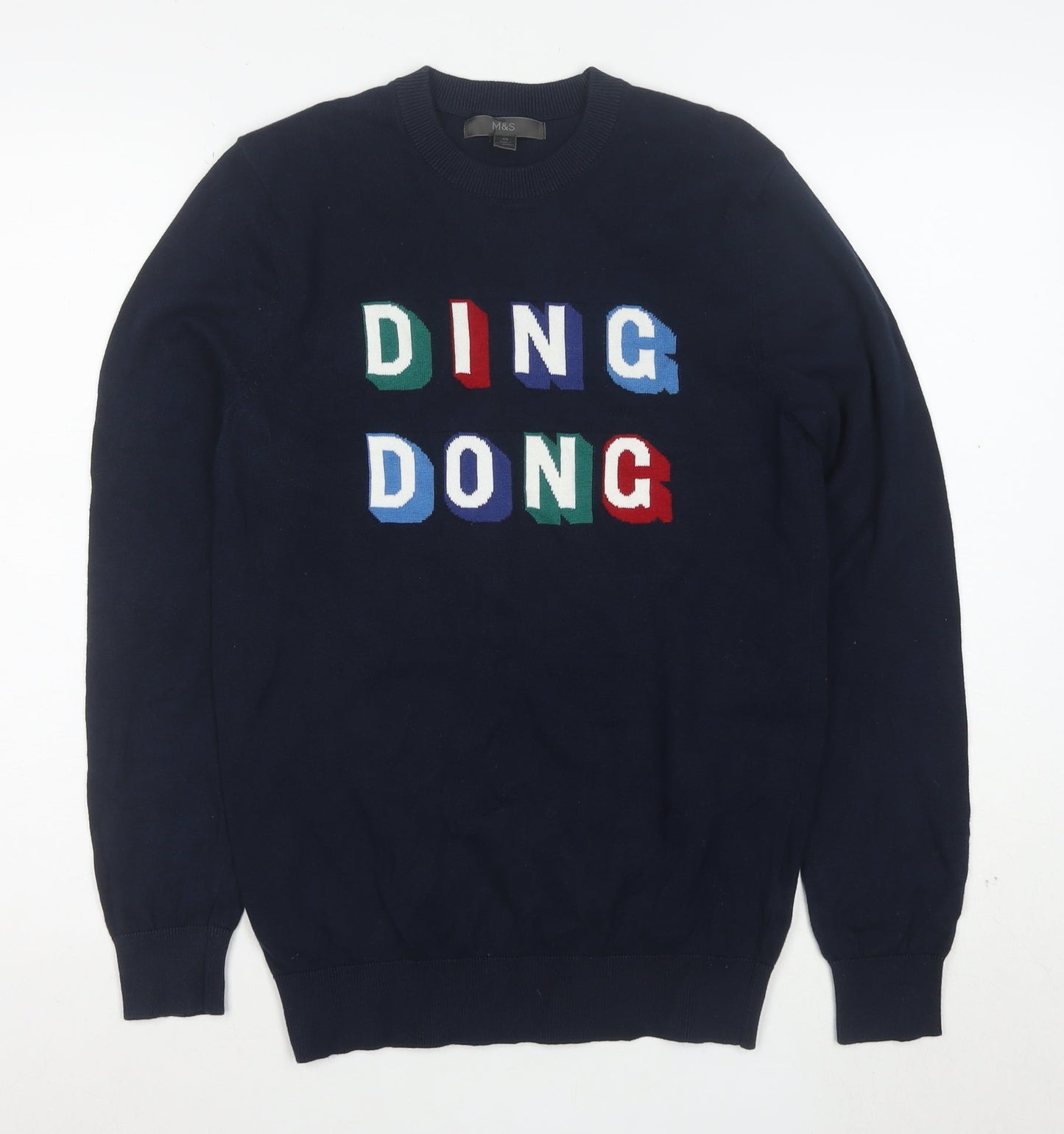 Marks and Spencer Men's Blue XS Graphic Cotton Pullover Jumper