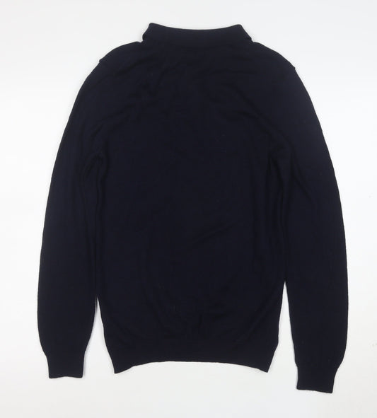 Next Men's Blue Merino Wool Collared Henley Jumper Medium