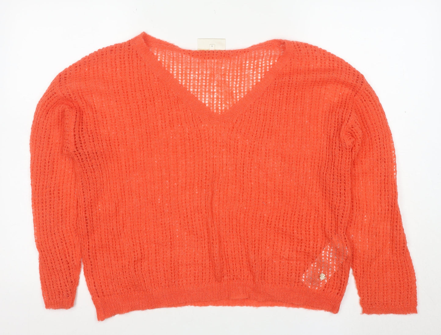 Cream Womens Orange Open-Knit V-Neck Jumper Size M