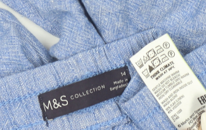 Marks and Spencer Women Blue Linen Blend Drawstring Jogger Trousers Size 14