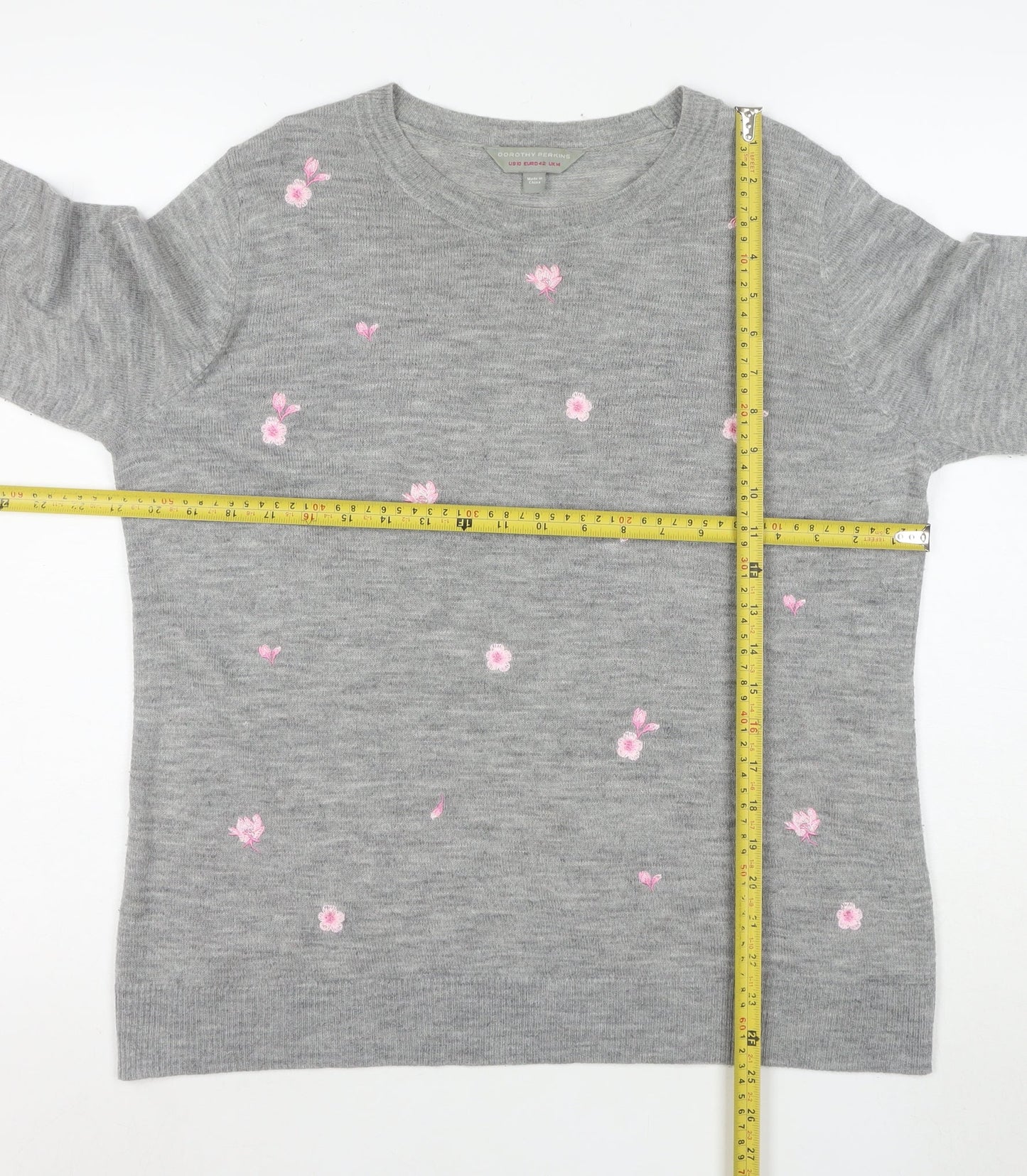 Dorothy Perkins Women Grey Floral Embroidered Knit Jumper Size 14