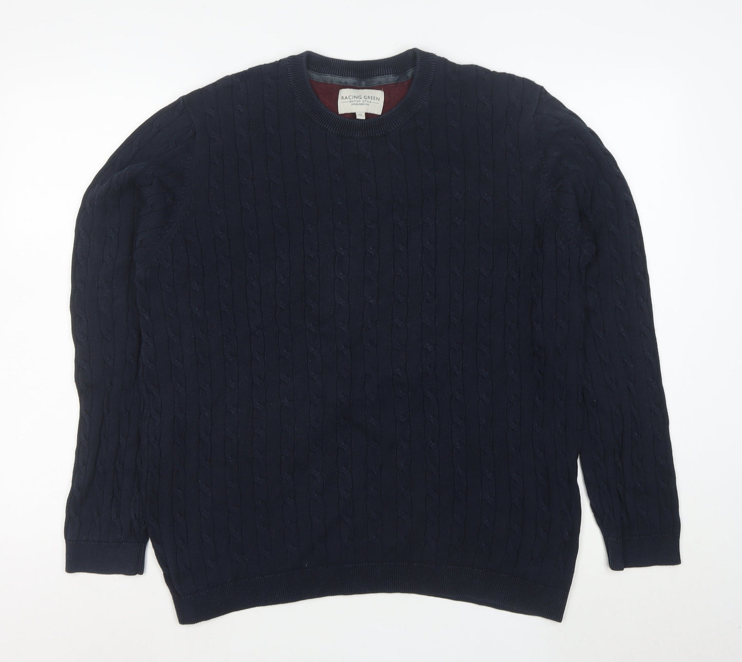 Racing Green Men's Blue Cable-Knit Cotton Jumper XL Crew Neck