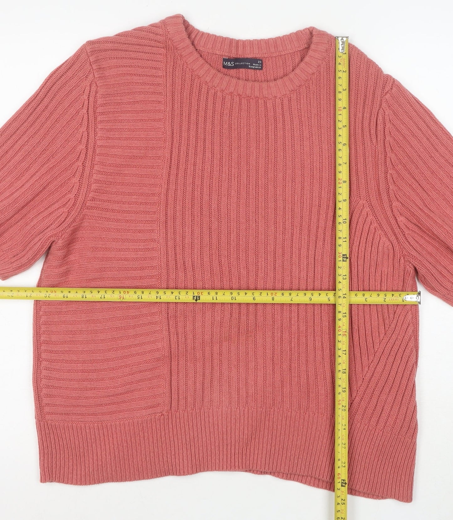 Marks and Spencer Women's Pink Crew Neck Short Sleeve Cotton Wool Jumper Size 20