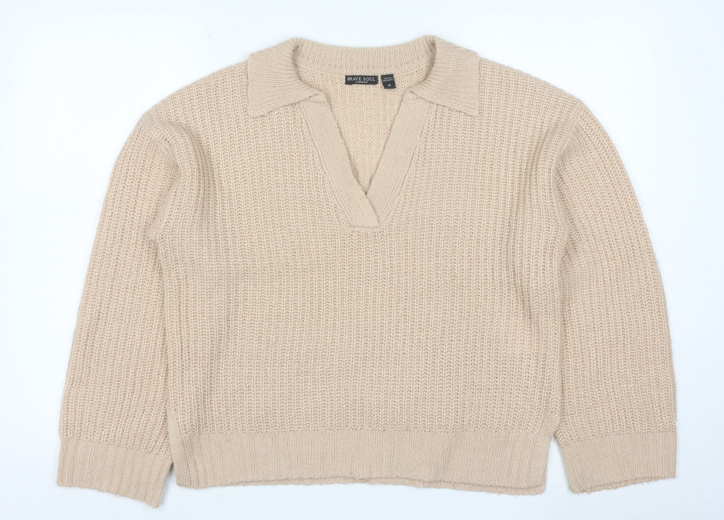 Brave Soul Women Beige Collared Chunky Knit Pullover Jumper Size 14