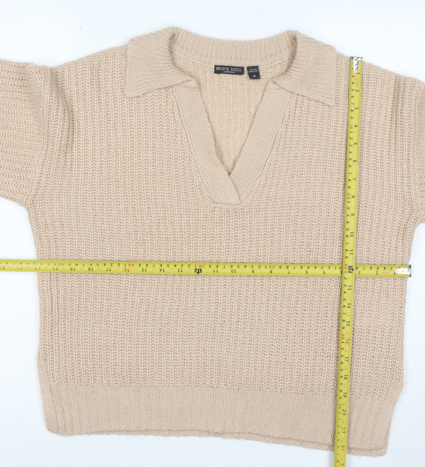 Brave Soul Women Beige Collared Chunky Knit Pullover Jumper Size 14